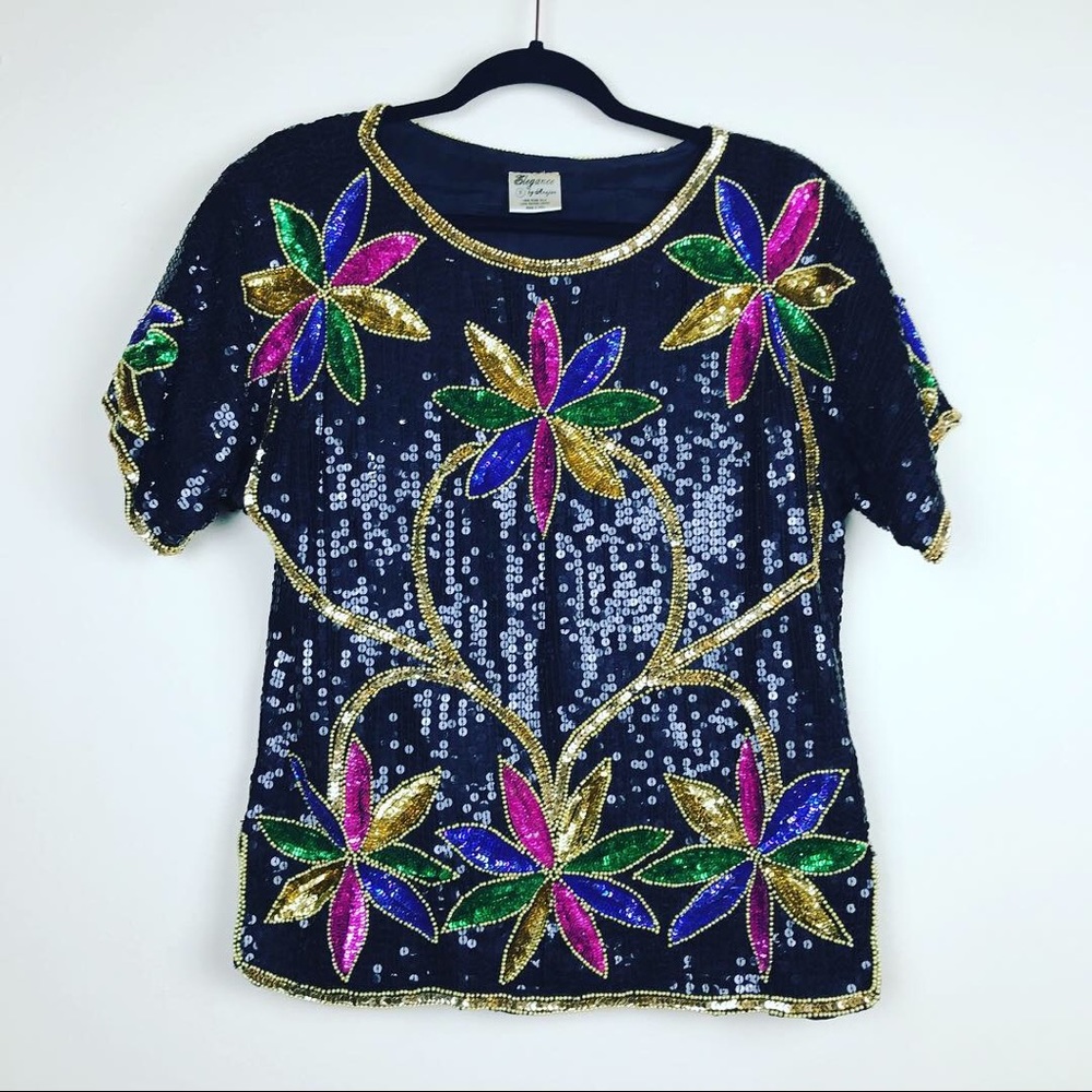 VINTAGE 100% Silk Sequined Black Floral Blouse S